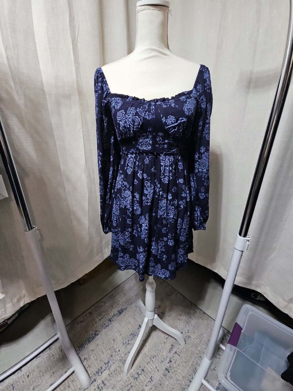 Altar'd State Black Blue Floral Print Long Sleeve Square Neck Babydoll Mini Dres